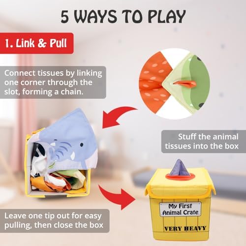 Urban Kiddy™ My First Animal Crate | Sensory Baby Tissue Toy Box, Montessori Toys for Infants & Toddlers, Imaginary Play, Colorful Crinkle Textured Pull Scarves, Educational Preschool Learning - Image 3