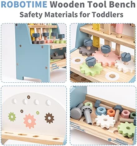 ROBOTIME Tool Bench Set for Toddlers - Mini Wooden Work Bench for Kids, Construction Toys w/Wooden Tools, Educational Pretend Play Gift Building Toy Tools Set for 18 Months 2 3 4 5 Boys Girls - Image 3