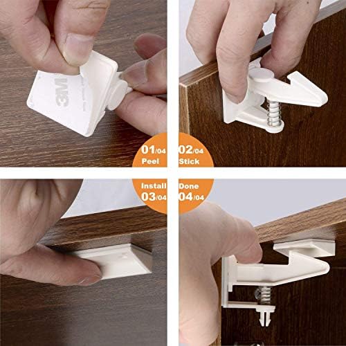 Cabinet Locks Child Safety Latches - OKEFAN 12 Pack Baby Proofing Cabinets Drawer Lock Adhesive Latch for Kids Proof Drawers No Drilling Tools Needed (White) - Image 5