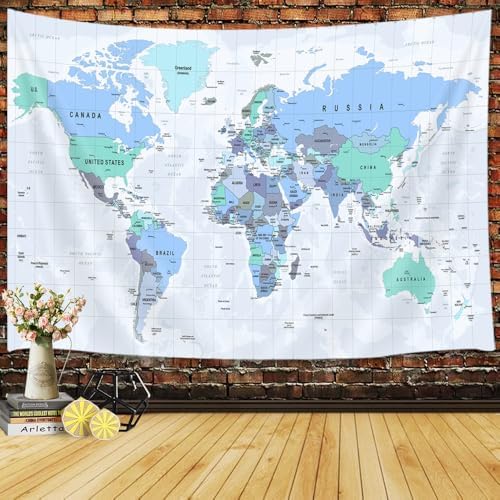 World Map Tapestry for Kids Student, World Map with Countries and Major Cities Tapestries Educational Asia Europe South City Topography America Africa Japan Wall Tapestry 48X36 Inch(Navy Blue) by JAWO