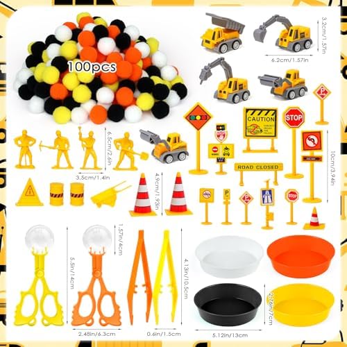 135 Pcs Construction Sensory Bin Items Construction Counting Sorting Sensory Bin Filler Fine Motor 5 Vehicles 14 Road Signs 4 Worker Figures Counts for Easter Day Spring Summer Sorting Counting Decor - Image 2