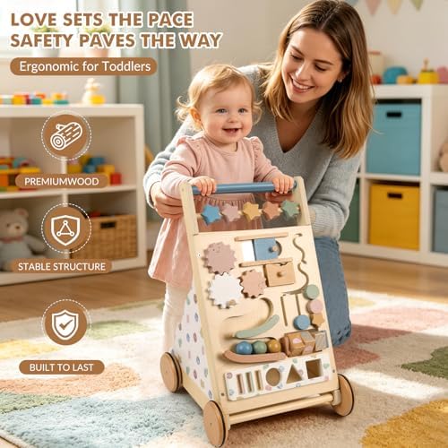 Montessori Safe Wooden Baby Walker, Adjustable Speed Baby Push Walker for Girls and Boys, Morandi Activity Center Toy for Kids' Development, Ideal Gift for Toddlers - Image 5