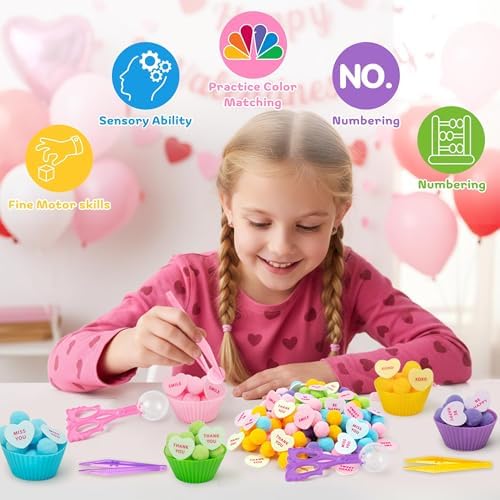EZdhuawuse Summer Sensory Bin Fillers - 268P Fine Motor Toy Counting Sorting Set for Kid Birthday Easter Gift, Felt Phrases Heart Colorful Pom Poms Cup Clip for Preschool Education Activities - Image 6