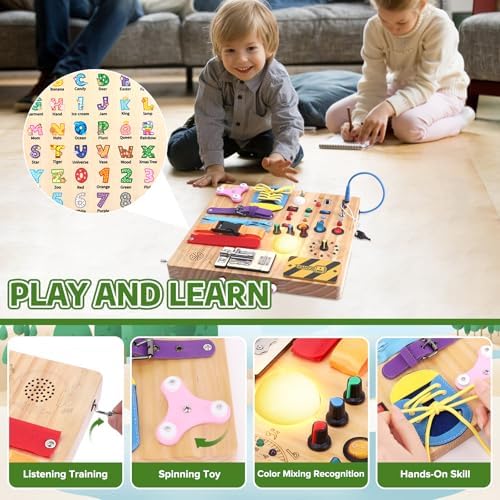 23-in-1 Montessori Busy Board with LED Lights Educational Wooden Activity Toy for Toddlers Ages 1-3, Travel Sensory Board with Switches Locks Music Box Fine Motor Skills Learning Toy for Boys Girls - Image 3