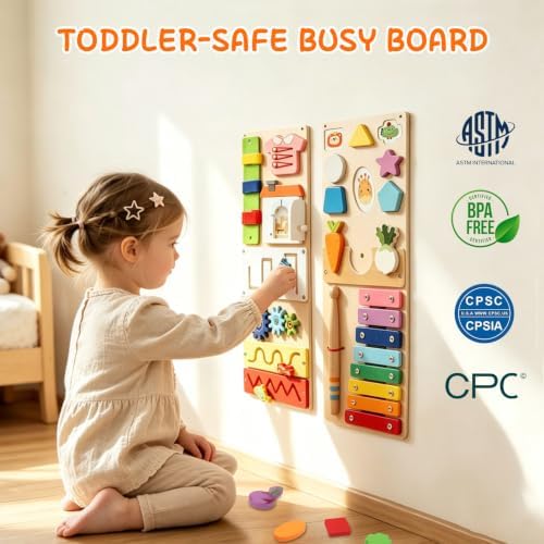 Montessori Busy Board for Toddlers 1-3, 2 Pcs Wooden Sensory Activity Board - Image 4