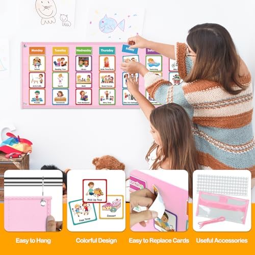 Large Visual Schedule for Kids Chore Reward Chart,Bedtime Routine Chart for Toddlers,Double Side Schedule Board with 109 Cards for Home School Planner,Autism Learning Materials (Pink) - Image 6