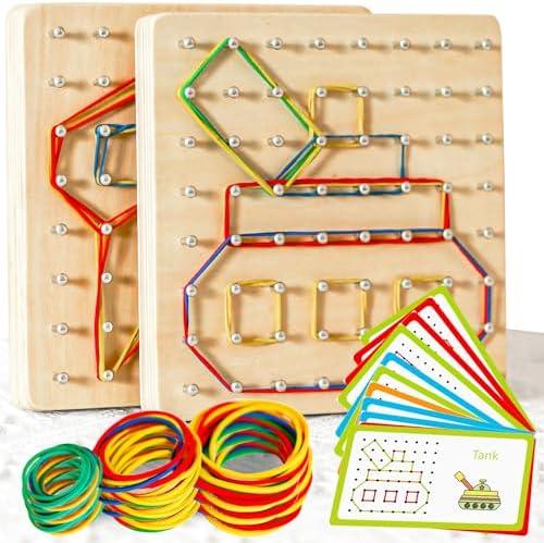 CHEROSIN 2Pack Wooden Geoboard Montessori Toys - Wood Geo Board Manipulative Geoboards for 4 5 6 Year Old Kids with Pattern Cards and Rubber Bands,Brain Teaser STEM Toy for Boys Girls Ages 3-6 by CHEROSIN
