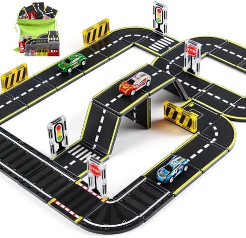 Magnetic Tiles Road Set, 26Pcs Large Double Sided Magnetic Blocks with Pullback Cars & Traffic Signs, STEM Toys for Kids Ages 4-8, Creative Gifts for 3+ Years Old Boys Girls by KOCOJRFF