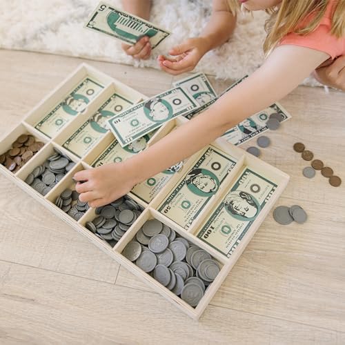 Melissa & Doug Play Money Set - Educational Toy with Paper Bills and Plastic Coins (50 of Each Denomination) and Wooden Cash Drawer for Storage - Image 2