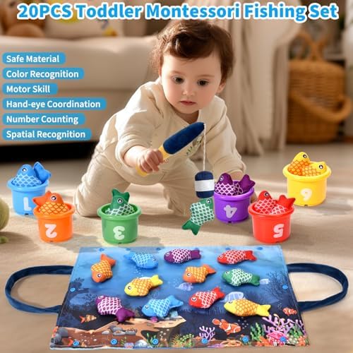 Montessori Toys for 1 Year Old - 20PCS Cloth Toddler Fishing Game with Stacking Cups,Baby Color Sorting Toy 12-18 Months One Year Old Birthday Gift,Best Easter Gifts for 1-3 Year Olds (Blue) - Image 2