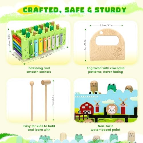Wooden Activity Cube Montessori Toys for 1.5+ Year Old Boys Girls | Hammering Pounding Toys with Abacus, Educational Activities Toys with Xylophone (Crocodile) - Image 6