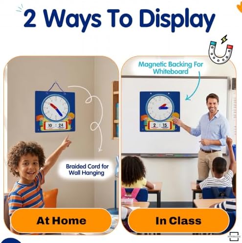 Scribbledo Learning Clock for Kids 13" Dry Erase Teaching Clock with Movable Hands Analog & Digital Time, Magnetic Backing, Hanging String & 2 Markers Classroom Homeschool - Image 2