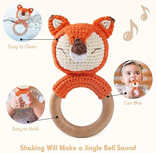 Wooden Baby Rattle Crochet Fox Baby Toys Handmade Newborn Toy Early Development Grips Stuffed Animal Organic Rattle - Image 4