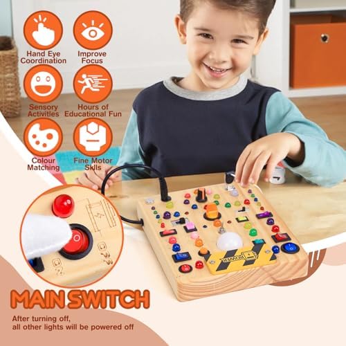 Busy Board with 19 LED Light Switches, Montessori Toys for 1 2 3 Years Old, Wooden Sensory Board, Toddlers Activity Travel Toys for 1 2 3 Year Old Boy & Girl Birthday Gift (Big) - Image 3