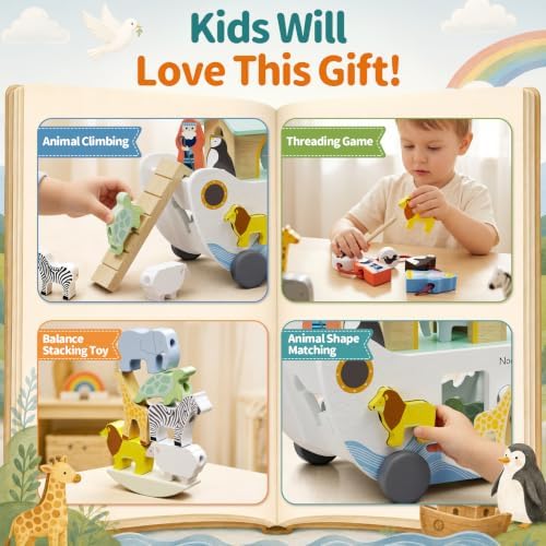 Wooden Noah's Ark Toy for Baby Boy and Girl Gift - Pull Along Toddler Montessori Educational Toy with Animal Shape Sorter Stacker for 18m+ Christmas Birthday Preschool Baptism Gift - Image 7