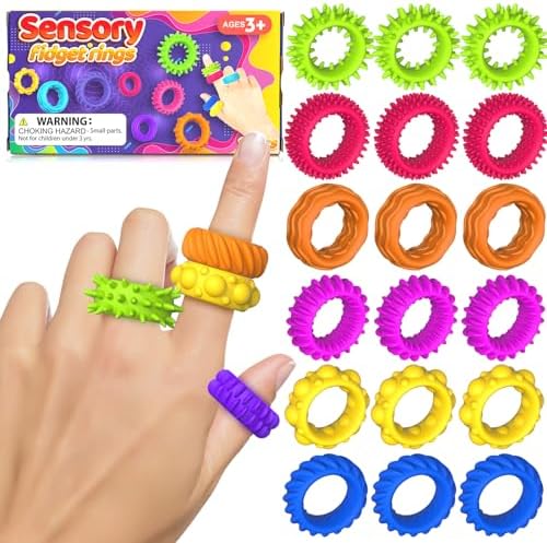 Fidget Toys Sensory Rings for Kids: Quiet Textured Ring 18 Pack - Sensory Toys for Kids with Autism - Calming Corner Bulk Fidgets for Classroom Prize - Party Favors Goodie Bag Fillers by KLT