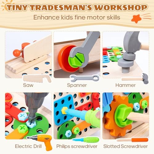 Wooden Toddler Tool Bench with Electric Toy Drill & Pull-Along Storage Cart - Image 3