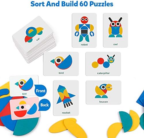 Coogam Wooden Pattern Blocks - Tangram Shape Puzzle Set Color Sorting Stacking Game Wood Animal Jigsaw Preschool Montessori Brain Teaser STEM Gift for 3 4 5 Years Old Toddler Kids (60 Pattern Cards) - Image 2