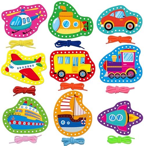 SpriteGru 9 Pieces Kids Lacing Cards, Double Sided Vehicle Sewing Cards with 9 Colorful Laces, Imagination Development Lacing Toys Games for Children Educational and Learning Activity by SpriteGru