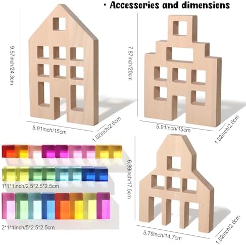 25 Pcs Rainbow Acrylic Building Blocks with 3 Beech Wood Houses, Dual Insert & Stack Sensory Toy, Light Refraction Gem Blocks, Montessori Creative Educational Gift for Toddler Boys Girls 1-5 Years Old - Image 7