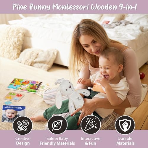 Pine Bunny Montessori Wooden 11-in-1 Toy Set for 13+ Months 3-in-1 Coins Carrots Matchsticks box Shape Sorter Bunny Doll Sand Hammer Animal Puzzle Educational Learning and Problem Solving Toddler Toys - Image 5