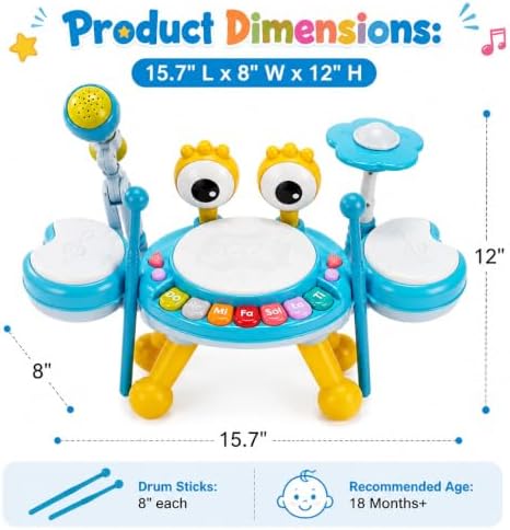 Kids Drum Set for Toddlers 1-3, Baby Drum Set Musical Toys with Light Up Microphone & 2 Sticks, Musical Instruments Montessori Learning Toys for 1 Year Old, Birthday Gift for Boys Girls - Image 7