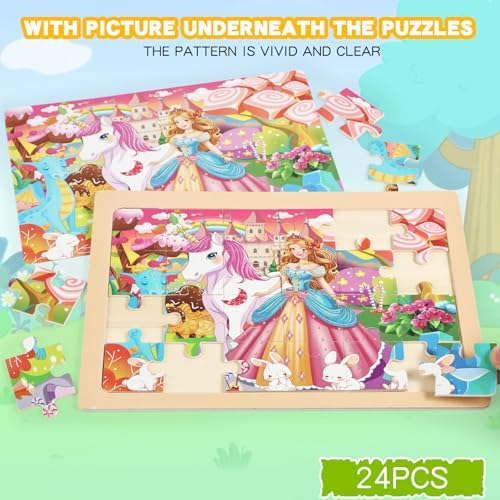 Wooden Puzzles Toys for Kids Ages 3-5, Set of 4 Packs with 24-Piece Unicorn Mermaid Princess Wood Jigsaw Puzzles, Preschool Educational Brain Teaser Toys for Girls 3 4 5 6 Years Old. - Image 6