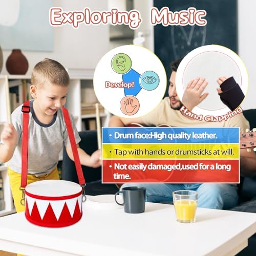 Kids Drum Set,8 in Wooden Toy Drum Set,Educational Baby Musical Toys Drum with Adjustable Strap 2 Drumsticks,Sensory Musical Instrument Drum Toy for Toddler Boys & Girls Gift(Red) - Image 4