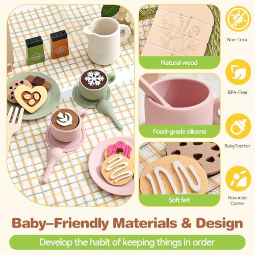 Youuys Tea Party Set for Toddlers 3-5, Wooden & Silicone Pretend Play Tea Set with Desserts, Table Decor Board & Basket, Garden Tea Party Toy for Girls Boys, Birthday Gift for Kids Ages 3+ - Image 6
