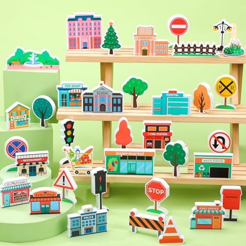 Kathfly 36 Pcs Wooden Community Helpers Buildings, Career Figures Toy - Image 2