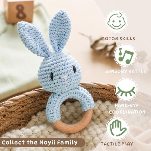 Moyii Natural Wooden Baby Rattle - Organic Crochet Bunny Teether Ring - Montessori Sensory Grasping Toy for Infants 0-12 Months, BPA-Free Handmade Newborn Shower Gift - Image 6