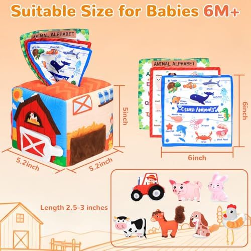 Baby Tissue Box Toy Farm Crink Plush,Whats Inside Box Montessori Toys with Rattle,Crinkle,Mirror for Babies 6 9 12 18 Months Early Developmental Infant Sensory Learning Toys Newborn Gifts - Image 4