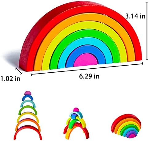 TUOWITA Wooden Rainbow Stacking Toy, Wood Stacker Arch Game, Montessori Arch Bridge Rainbow Building Blocks, Colorful Stacking Blocks Puzzles for Kids 2 3 4 5 Years Old, Rainbow Decor Toys - Image 6