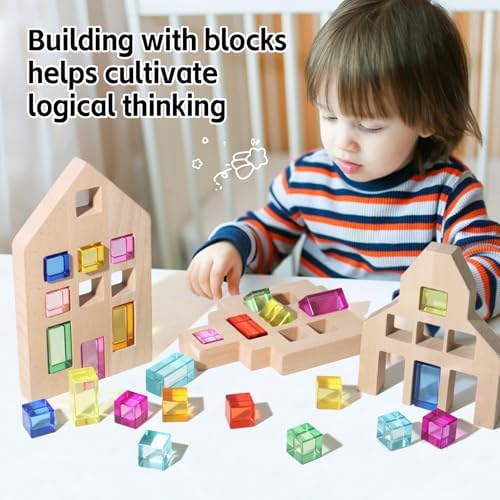 25 Pcs Rainbow Acrylic Building Blocks with 3 Beech Wood Houses, Dual Insert & Stack Sensory Toy, Light Refraction Gem Blocks, Montessori Creative Educational Gift for Toddler Boys Girls 1-5 Years Old - Image 2