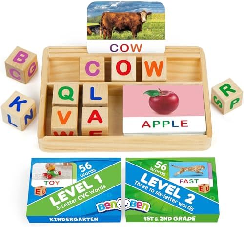 BenBen Spelling Games with Flash Cards, 112 Words, Montessori Toys for 3 4 5 6 Years Old Kids, Wooden Matching Letters Games, CVC Word Educational Learning Toys, Gift for Preschool Kindergarten by WelcometoBenBen