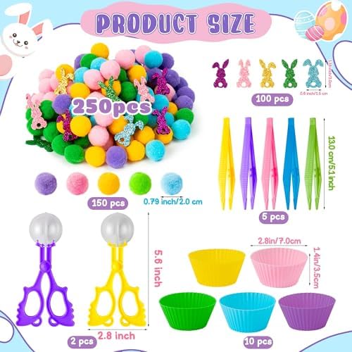 EZdhuawuse Summer Sensory Bin Fillers - 268P Summer Bunny Fine Motor Toys Rabbit Counting Sorting for Kids, Counting Toy with Shiny Bunny Pom Poms Cup Clip for Preschool Education Activities - Image 2