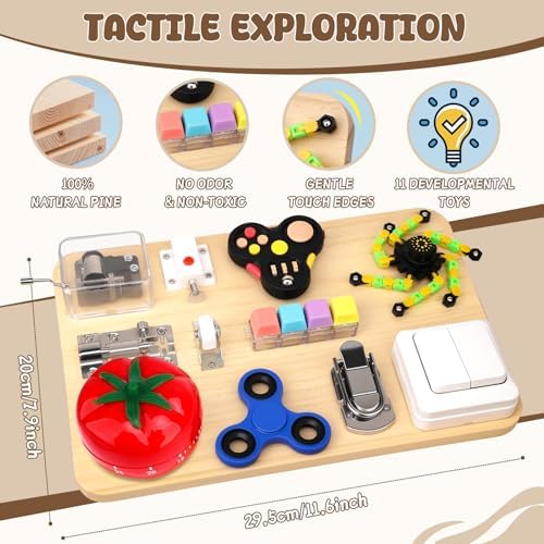 Fidget Spinner Pad Busy Board Toys Robot Fidget Spinner Music Box Switch Latches Keyboard Sensory 11 in 1 Wooden Montessori Travel Activity Board Focus Toy Motor Skills Gift for Girls Boys - Image 2