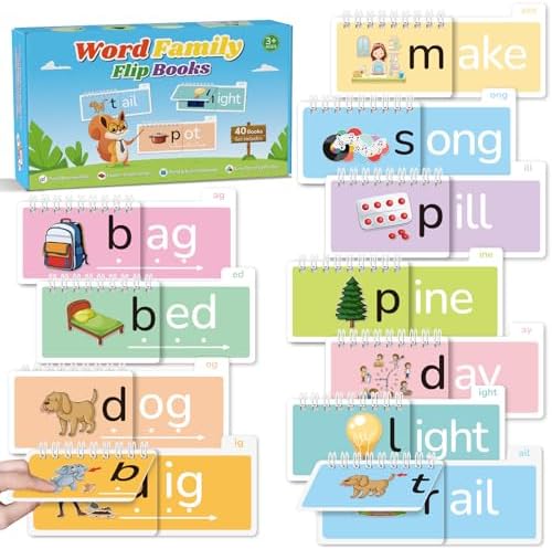 Phonics Flash Cards Word Family Build Book, 40 Read and Rhyme Flip Books Learn to Read Sight Words Flash Cards Kindergarten Reading Games for Kids Ages 4-8 1st 2nd 3rd Learning Activity by Unknown