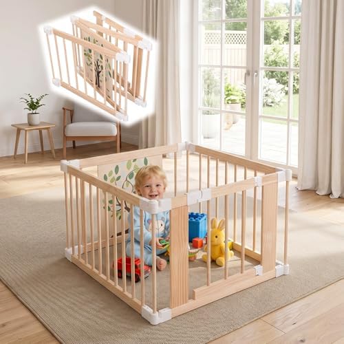 Wooden Baby Playpen with Child Safety Lock, 4-Panel Adjustable Foldable Play Yard for Toddlers, Tree Activity Board Montessori Playpen, Portable Indoor Baby Fence & Activity Center for Infant - Image 6