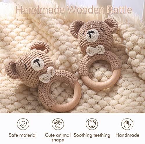 WOODEN TEETHER Baby Rattle, Shaker Toy,Crochet Baby Rattle, Crochet Baby Toys, Organic Wooden Newborn Toys, Newborn Animal Rattle Toys，Knitted Stuffed Animals Gifts for Baby, Kahki Bear - Image 5
