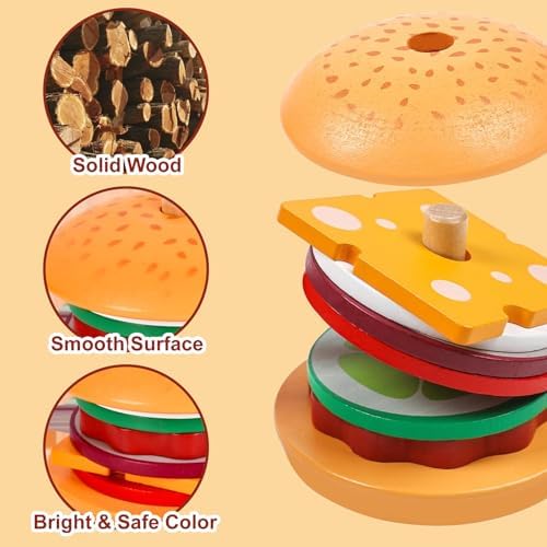 Montessori Toys for 2, 3 Year Old, Wooden Burger Sandwich Stacking Toys for Toddler Educational Toys Fine Motor Skills Foods Preschool Learning Blocks Gifts Boys Girls - Image 2