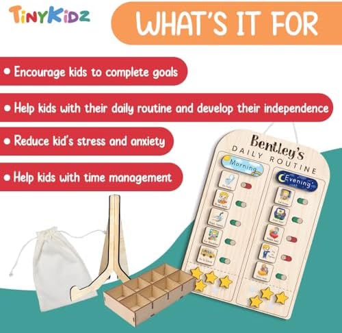 TinyKidz Large Daily Routine for Toddlers 11x16", Kids Daily Routine with Stars, Daily Responsibility Chart for Boys Girls, Wooden Routine Chart for Kids (08) - Image 3