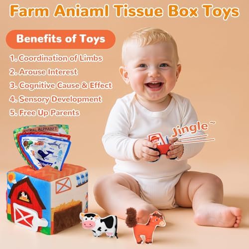 Baby Tissue Box Toy Farm Crink Plush,Whats Inside Box Montessori Toys with Rattle,Crinkle,Mirror for Babies 6 9 12 18 Months Early Developmental Infant Sensory Learning Toys Newborn Gifts - Image 5