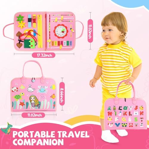 Children Busy Board, Montessori Sensory Toys for Boys, 3-8 Year Old Girl Kids Travel Toys, Educational Learning Activities Board for Motor Skills, Birthday Gifts for Airplane Car, Pink - Image 2