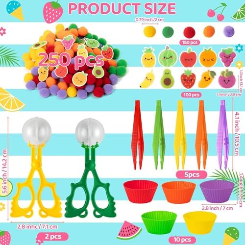 EZdhuawuse Summer Sensory Bin Fillers - 268P Summer Fruit Fine Motor Toys Counting Sorting for Kids, Color Sorting Set with Felt Banana Pom Poms Cup Clip for Preschool Education Birthday Party Favors - Image 2