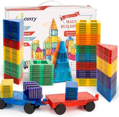 cossy 120Pcs Magnetic Tiles Magnetic 3D Building Blocks Set, Construction Toys for 3 4 5 6 7 8 Year Old Boy and Girl with Stronger Magnets, Educational Toys, Recreational, Conventional by cossy