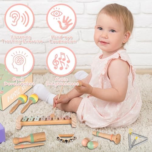 VINJOE Baby Musical Instruments-Toddler Montessori Wooden Musical Toys for Kids 1-3, Neutral Colors Percussion Instruments Set Early Learning Musical Toys for Preschool Educational Birthday Gifts - Image 5