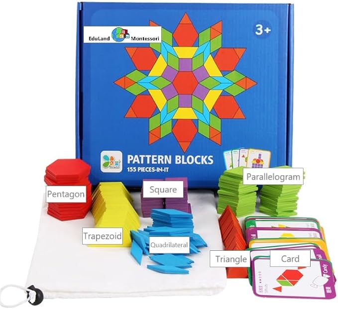 Math/Sensorial - Shapes Construction Set 155 Pcs Wooden Pattern Blocks Geometric Shape Puzzle Classic Educational Montessori Tangram Shapes Toys for Kids Ages 3-8 with 24 Pcs Cards by EduLandMontessori