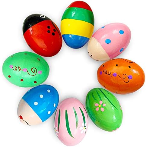 8 PCS Easter Wooden Eggs Shakers Musical Instruments Decorations Percussion Maracas Craft for Kids/Toddlers Hunt Game Gifts Basket Stuffers Fillers Decor by Omgouue
