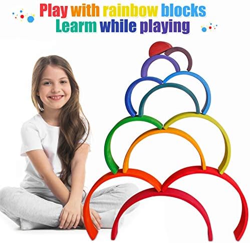 Dinhon Wooden Rainbow Stacking Toys, 12 Pcs Wood Building Blocks Set Wooden Building Blocks Nesting Puzzles, Early Matching Educational Learning Montessori Toys for Kids 3 4 5 6 Years and Up - Image 5